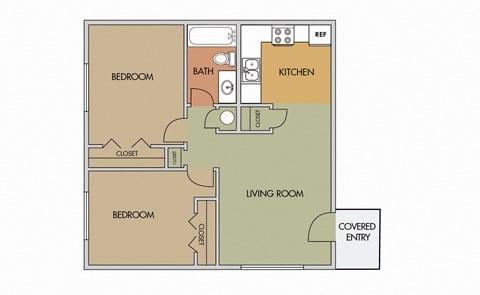 Floor plan for 2 beds, 1 bath, 676 sqft